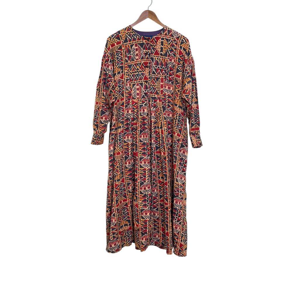 Anokhi India Multicolored Geometric Print Long Sleeve Oversized Midi Dress Sz 14